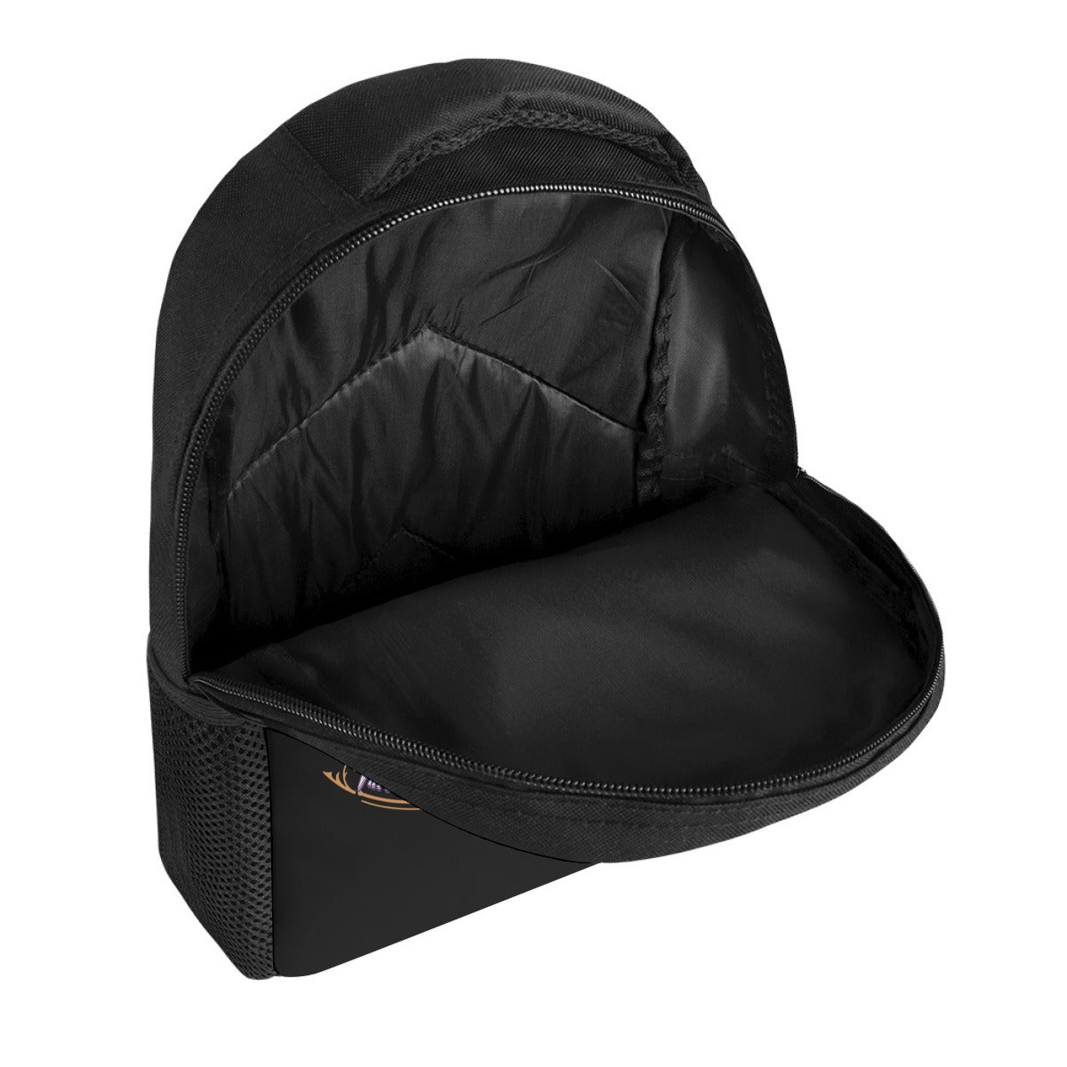 Inside view of the "I Tell My Evil Where to Fly" black biker backpack featuring the VCMCo. eagle skull graphic — motorcycle lifestyle accessory by Virginia City Motorcycle Company
