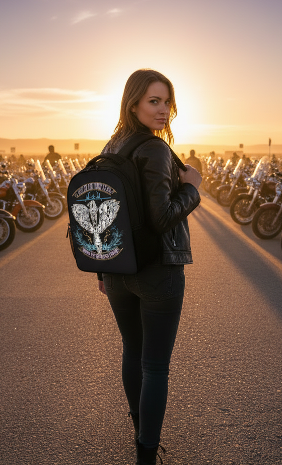 Back Lifestyle view of the "I Tell My Evil Where to Fly" black biker backpack featuring the VCMCo. eagle skull graphic — motorcycle lifestyle accessory by Virginia City Motorcycle Company
