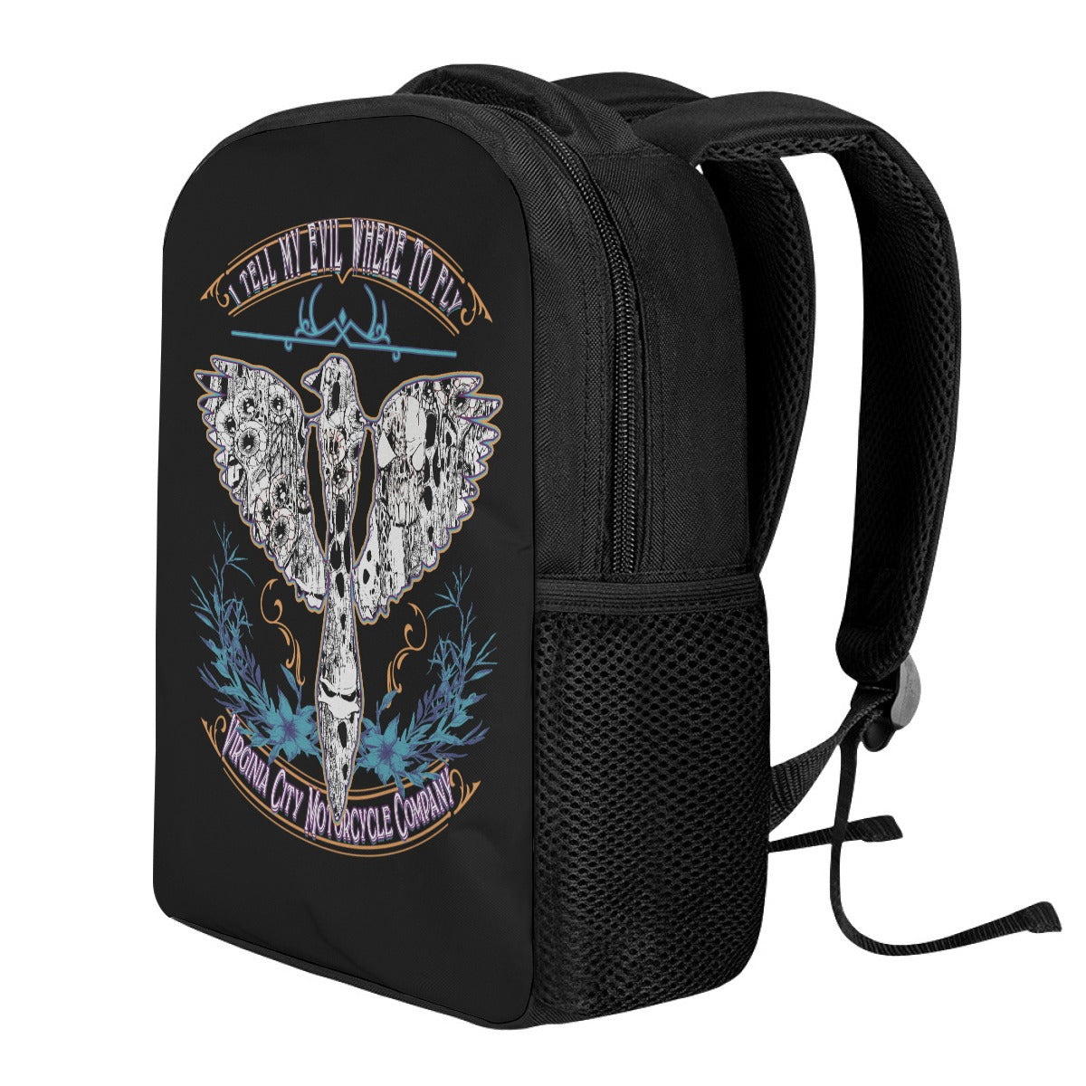 Side view of the "I Tell My Evil Where to Fly" black biker backpack featuring the VCMCo. eagle skull graphic — motorcycle lifestyle accessory by Virginia City Motorcycle Company