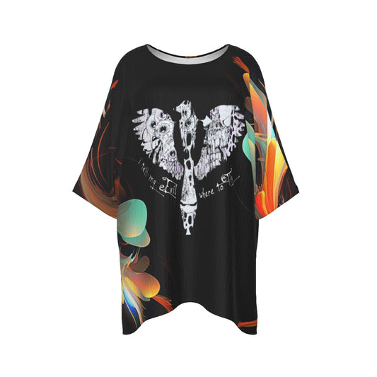 Front side view of "I Tell My Evil Where to Fly" black bat sleeve shirt showing eagle skull graphic and vibrant orange teal abstract all-over print — women's motorcycle apparel by VCMCo.