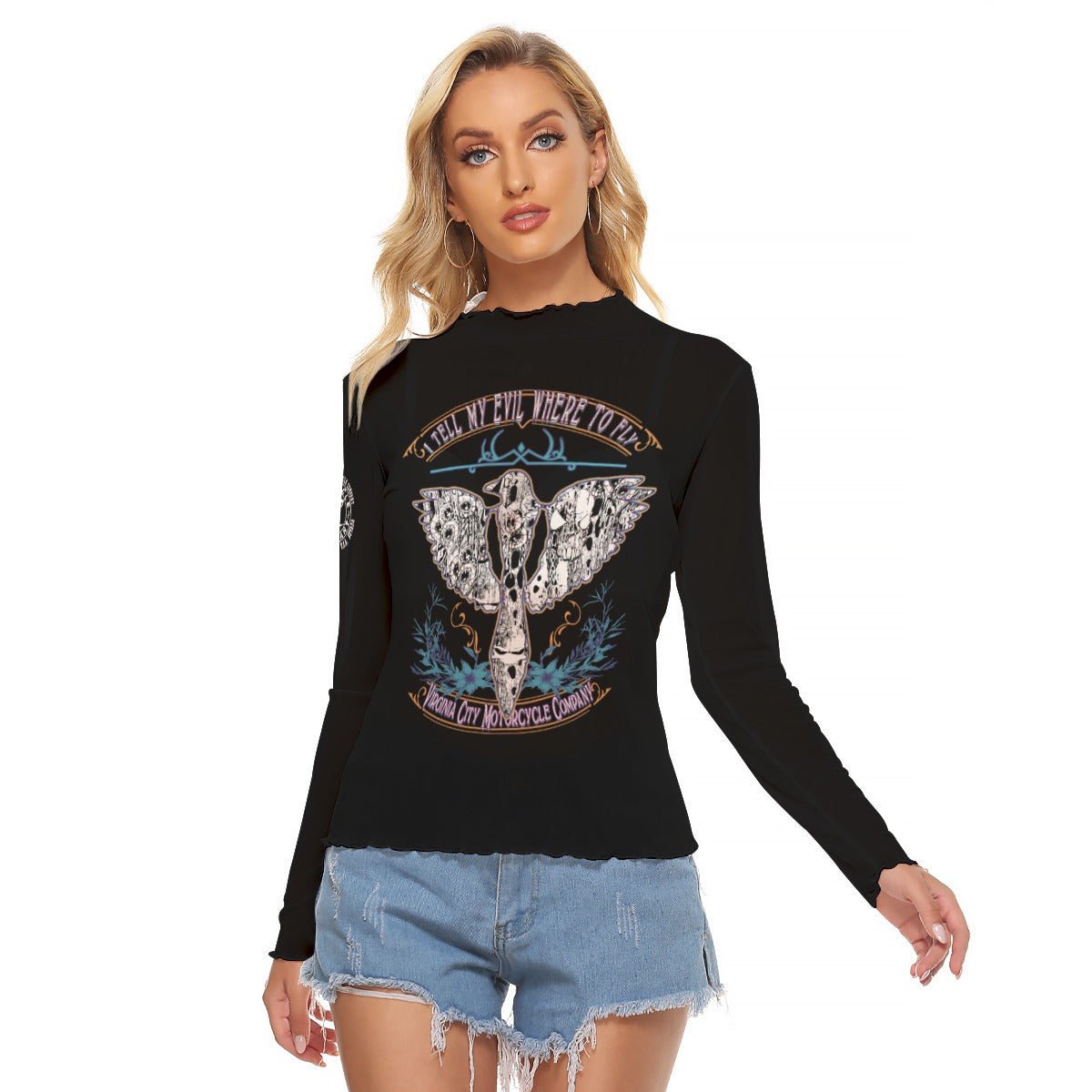 Front view of "I Tell My Evil Where to Fly" black mesh long sleeve coverup with eagle skull graphic on chest — women's motorcycle apparel by VCMCo.