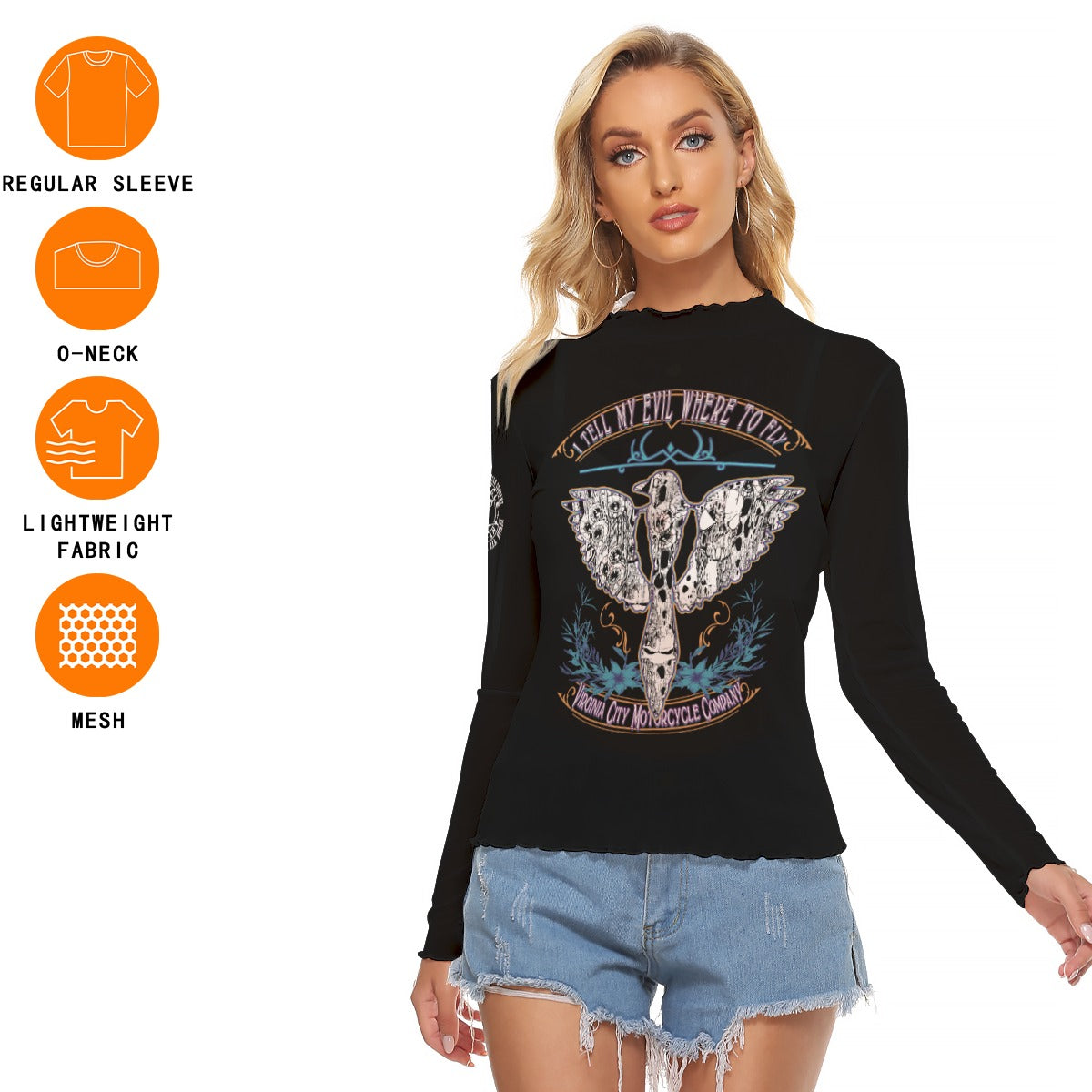 Product Info view of "I Tell My Evil Where to Fly" black mesh long sleeve coverup with eagle skull graphic on chest — women's motorcycle apparel by VCMCo.