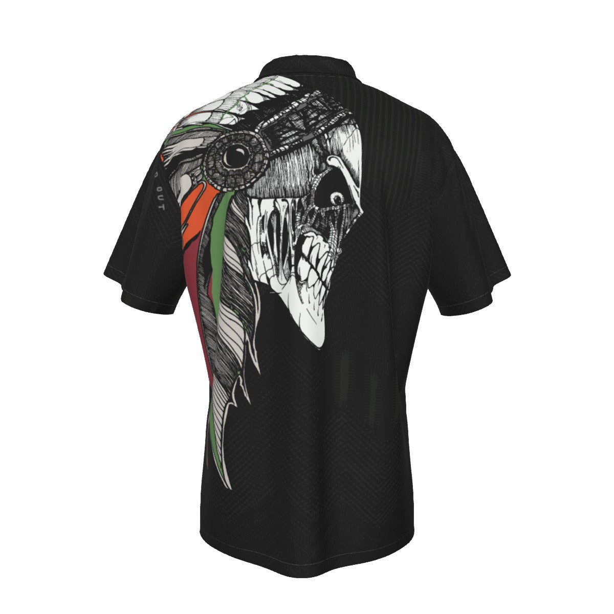 A black short-sleeve collared shirt shown from the back, featuring a large graphic print of a skull wearing a feathered headdress in white, gray, black, green, and orange.