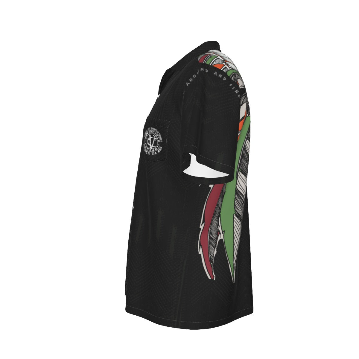 VCMCo. Indian Chief Men's Hawaiian shirt Side view, feathers/skull wrapping around, VCMCo. sleeve badge, on a white background
