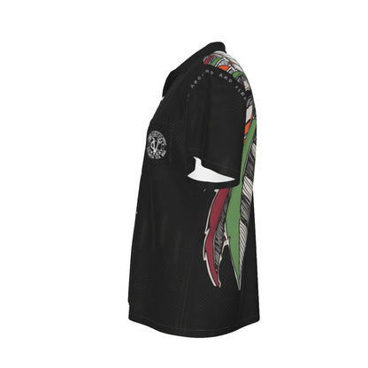 VCMCo. Indian Chief Men's Hawaiian shirt Side view, feathers/skull wrapping around, VCMCo. sleeve badge, on a white background
