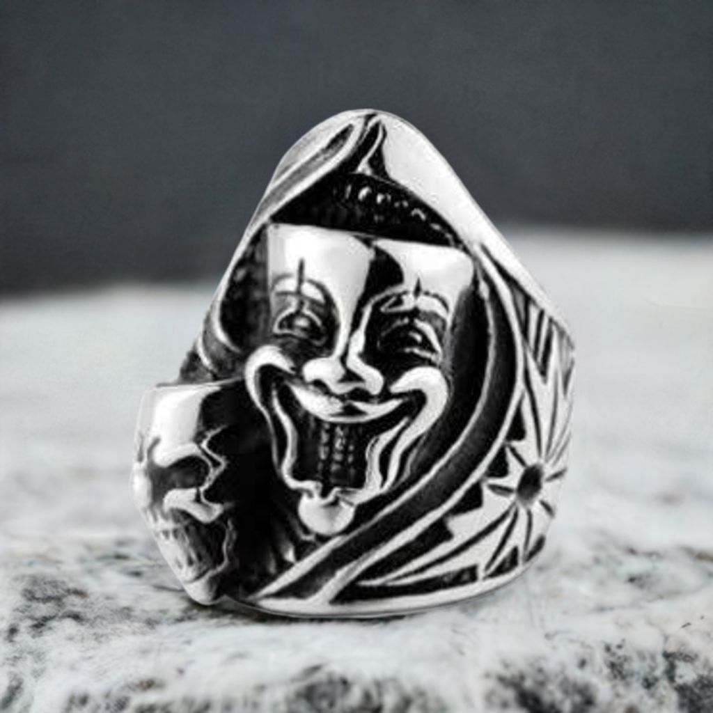 R158 Stainless Steel Joker Face Skull Biker Ring