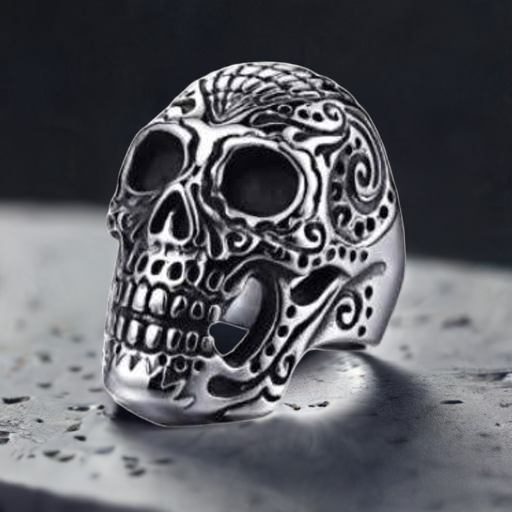 R160 Stainless Steel Large Sugar Cane Skull Biker Ring