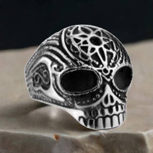 R186 Stainless Steel Flower Sugar Cane Skull Biker Ring