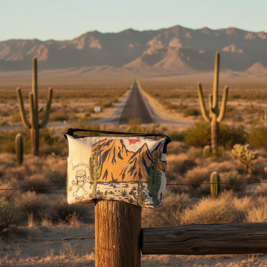 VCMCo. Skull & Crossbones Desert Messenger Bag resting on a fence post along a Nevada high desert highway at golden hour, rugged mountains and saguaro cacti in the background