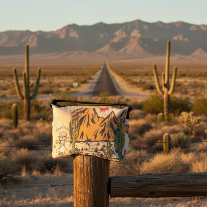 VCMCo. Skull & Crossbones Desert Messenger Bag resting on a fence post along a Nevada high desert highway at golden hour, rugged mountains and saguaro cacti in the background