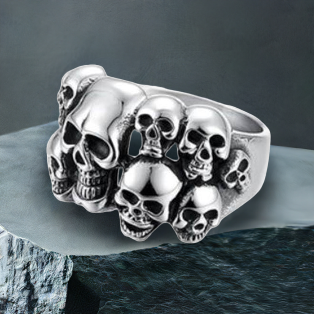 R102 Stainless Steel Multi-Skull Face Biker Ring