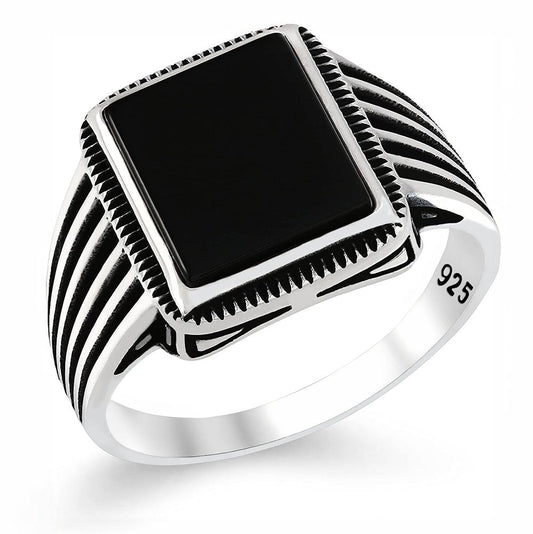 Chimoda Striped Pattern Sterling Silver Ring for Men Onyx Stone