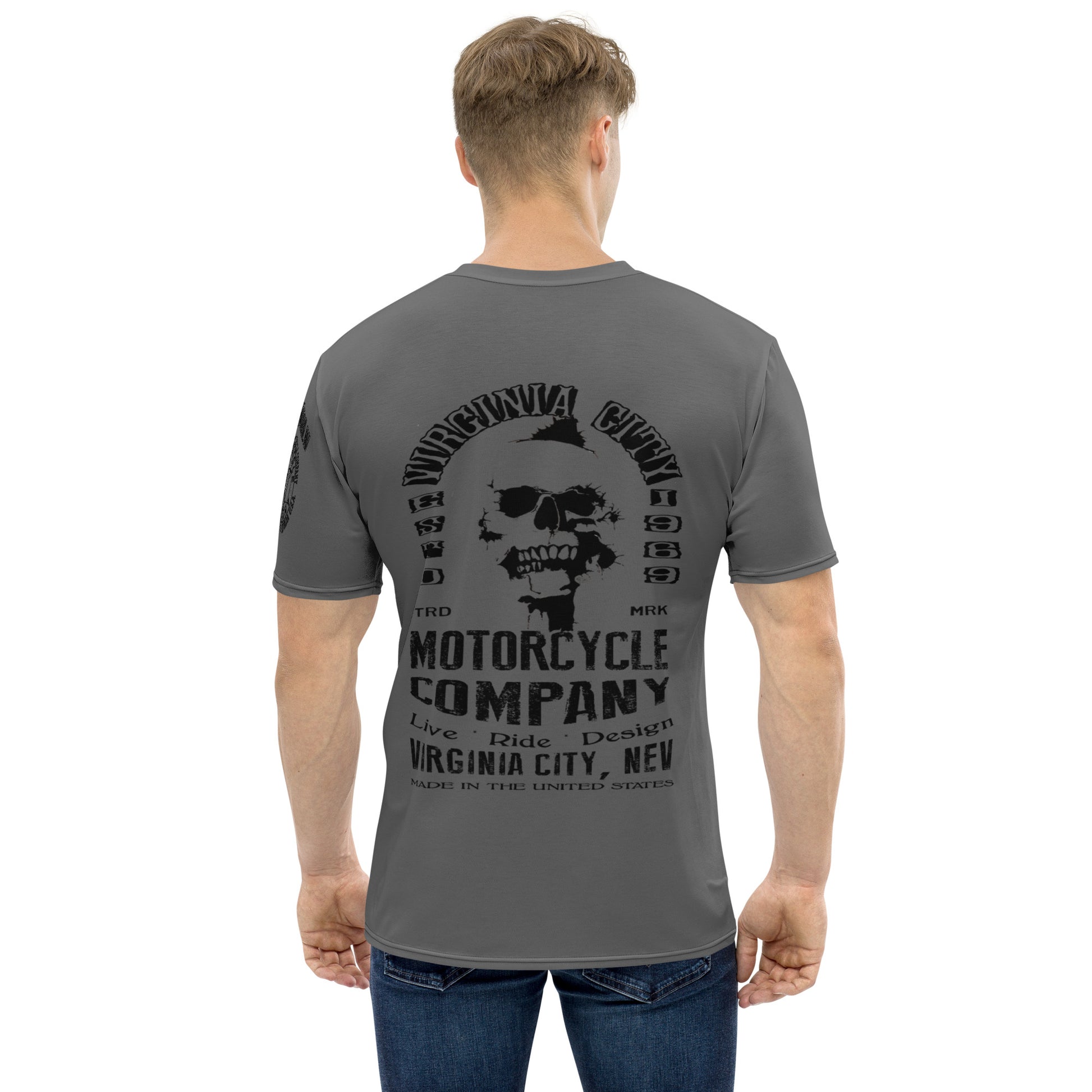 TAG All-Over Print Men's Skull Motorcycle T-Shirt — Back View | VCMCo. Skull Biker Shirt