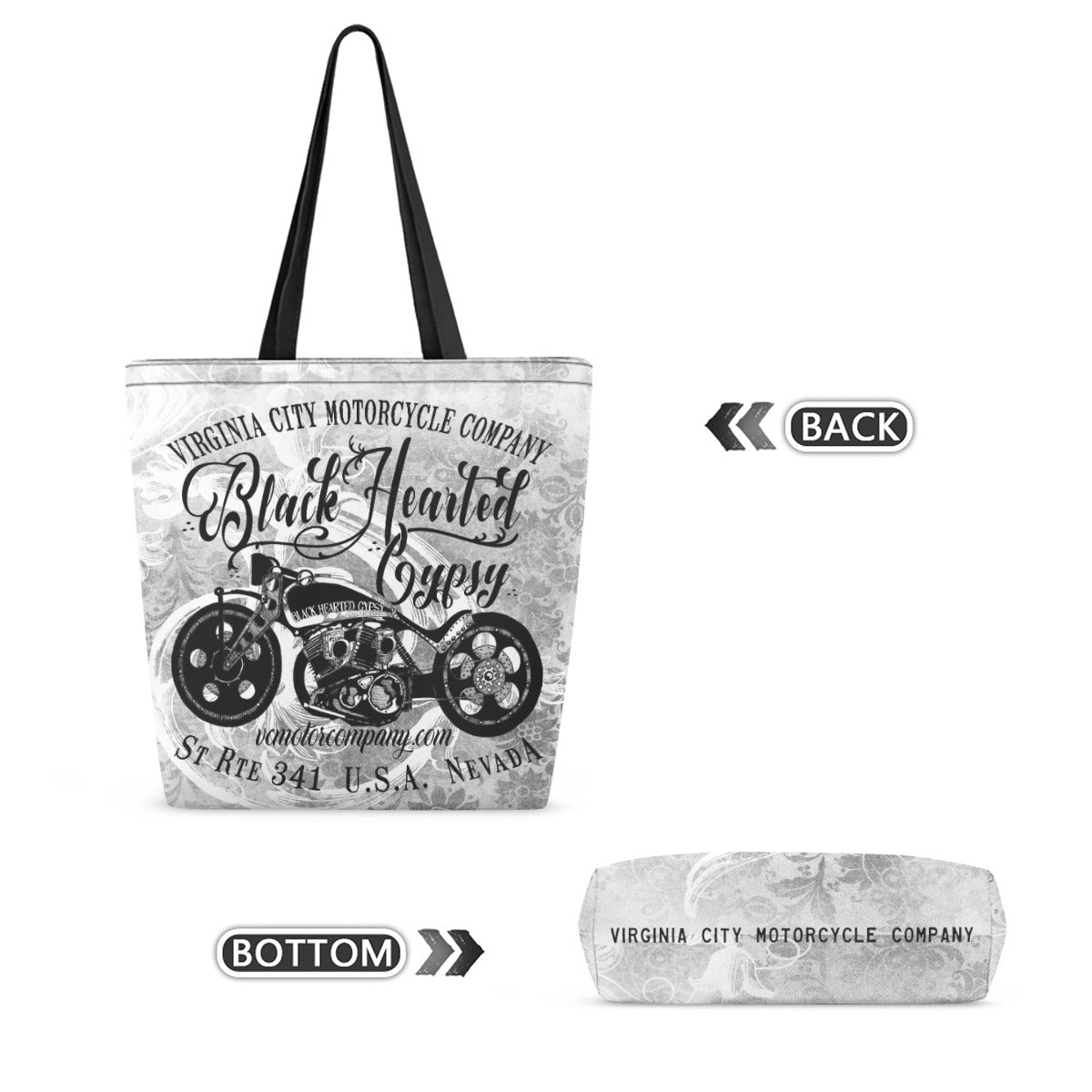 A tote bag with a black and white western motorcycle graphic and text reading 'Virginia City Motorcycle Company' and 'Black Hunted Gypsy,' shown alongside a folded view labeled bottom and a back view label on a white background.