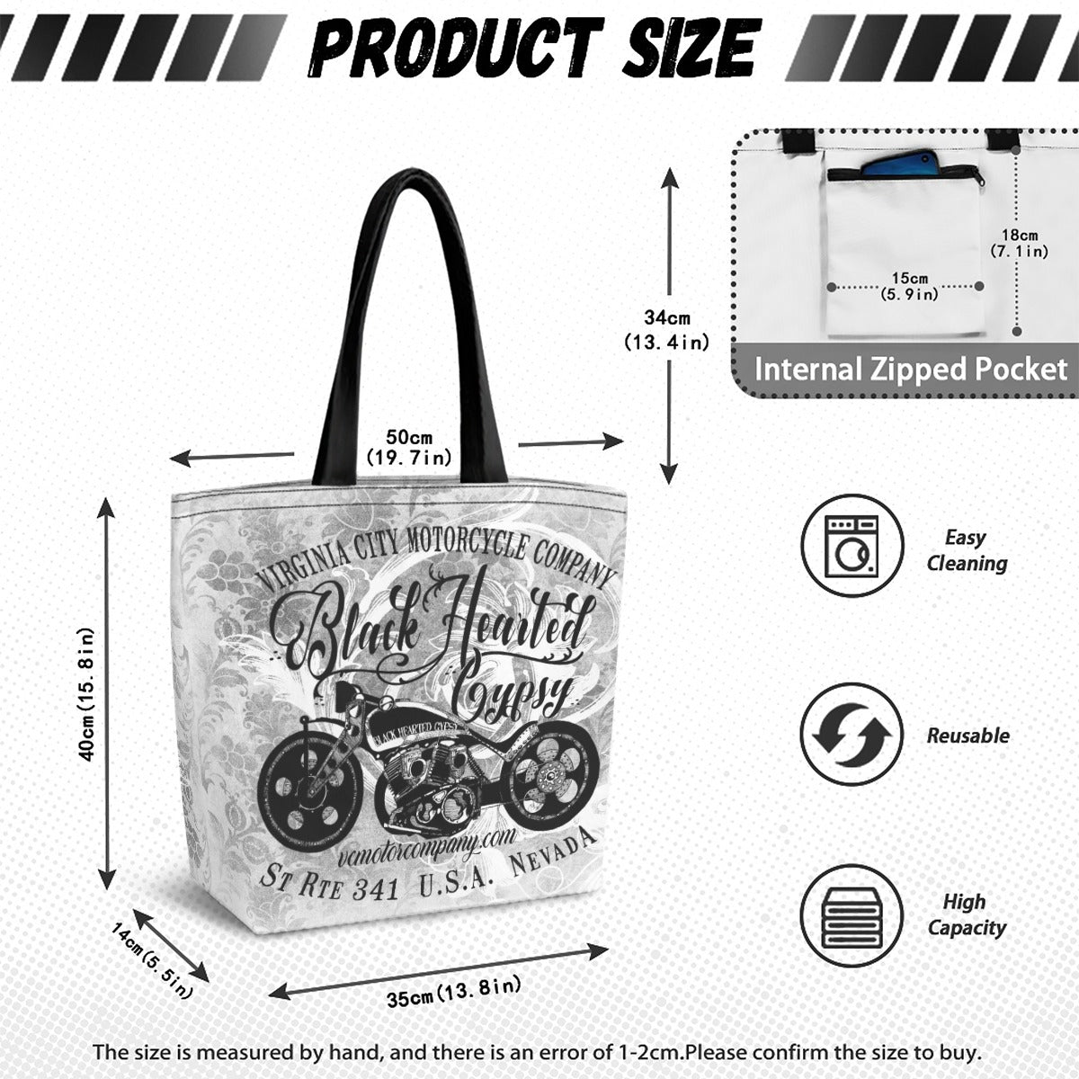 Product size diagram for a canvas tote bag with black handles and a monochrome motorcycle graphic reading 'Virginia City Motorcycle Company Black Hearted Gypsy.' The image includes labeled dimensions, an inset showing the internal zipped pocket, and feature icons for easy cleaning, reusable, and high capacity.
