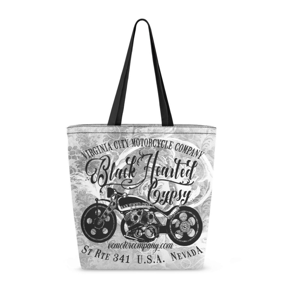 A tote bag with black handles, featuring a black and white graphic print of a chopper motorcycle and the text 'Virginia City Motorcycle Company Black Hearted Gypsy' on a light gray background.