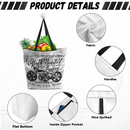 Product details graphic for a white canvas tote bag with black handles and a black motorcycle graphic. The main bag is shown filled with groceries, surrounded by circular detail callouts labeled Fabric, Handles, Flat Bottom, Inside Zipper Pocket, and Nice Quilted.