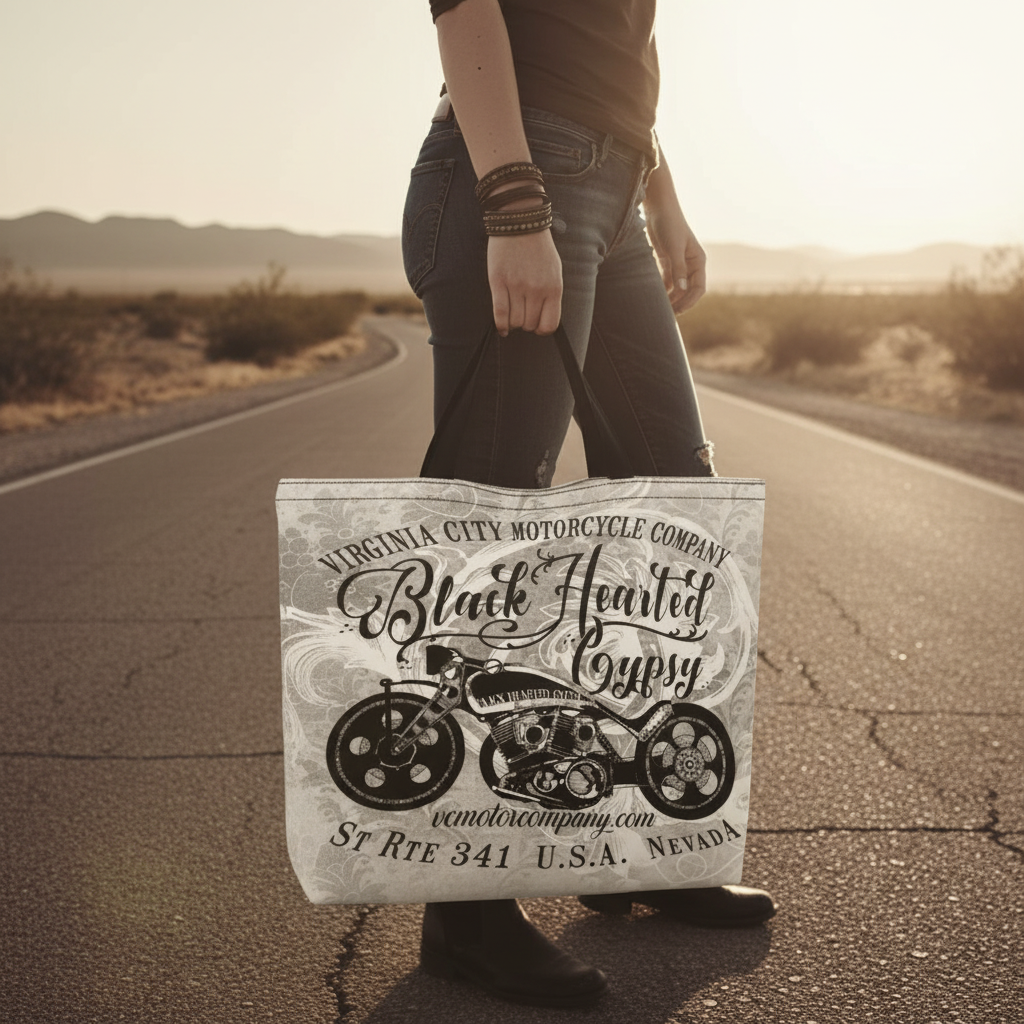 VCMCo. Black Hearted Gypsy canvas tote bag held at hip level on a Nevada desert road at golden hour — close-up lifestyle shot showing bold chopper and script graphic, biker lifestyle apparel