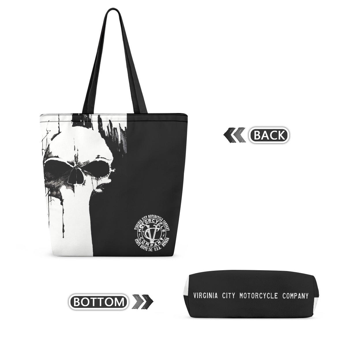 Black and white tote bag with a skull graphic and a circular Virginia City Motorcycle Company logo, shown alongside a matching black pouch labeled Virginia City Motorcycle Company, on a white background with orientation labels.