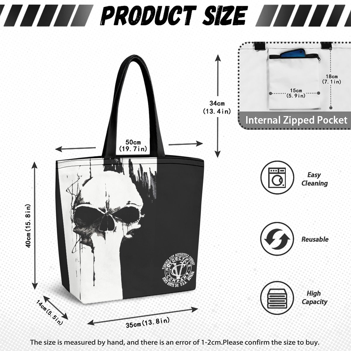 Product size diagram for a black and white tote bag with a skull graphic, showing dimensions of the bag, handles, and internal zipped pocket, along with feature icons for easy cleaning, reusable, and high capacity.