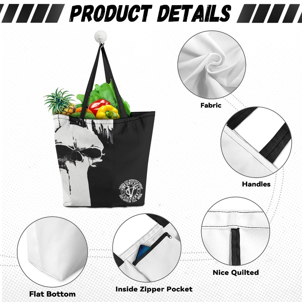 Product details graphic for a black and white tote bag with a graphic print, shown with five circular callout insets highlighting fabric texture, handles, flat bottom, inside zipper pocket, and quilting. The bag is filled with groceries and is set against a white background with the text 'PRODUCT DETAILS' at the top.
