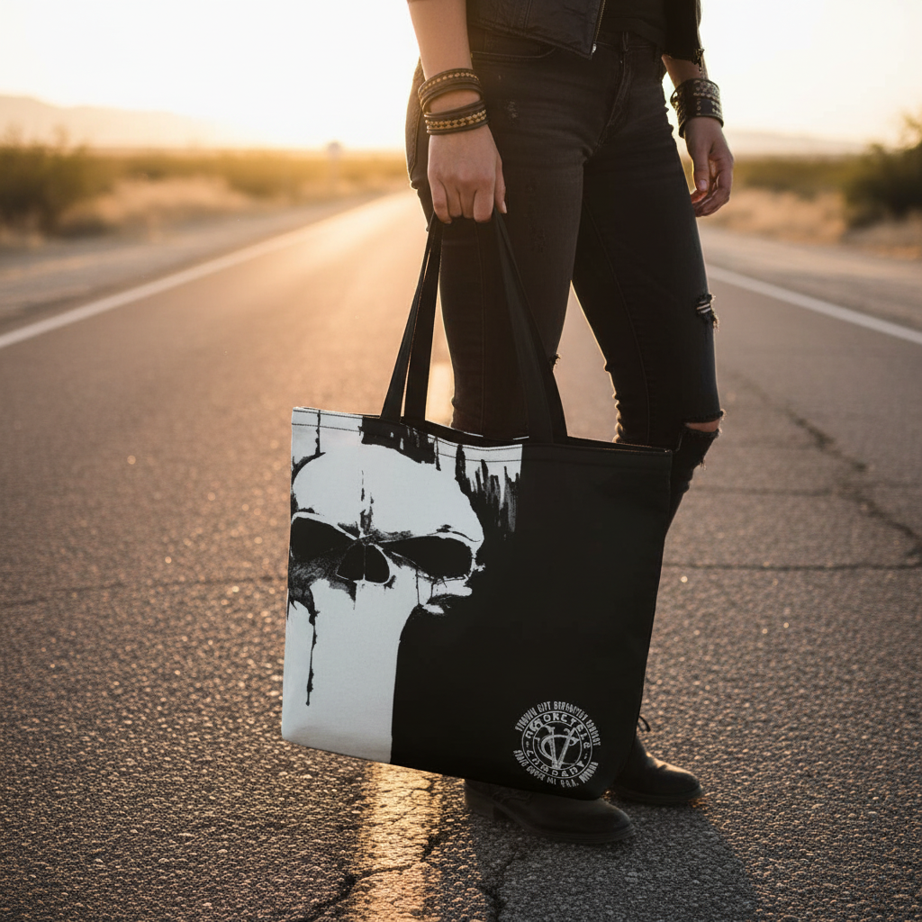VCMCo. Black and White Skull canvas tote bag held at hip level on a Nevada desert road at golden hour — close-up lifestyle shot showing dramatic oversized skull graphic, biker lifestyle apparel