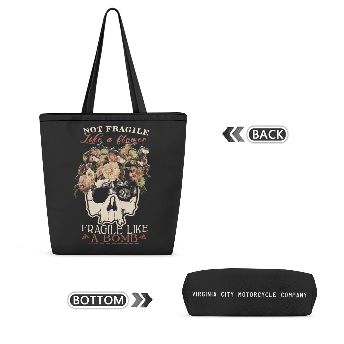 Black tote bag with a skull and floral graphic and the text 'NOT FRAGILE Life is a flayer FRAGILE LIKE A BOMB', shown alongside a matching black pouch labeled 'VIRGINIA CITY MOTORCYCLE COMPANY' on a white background.