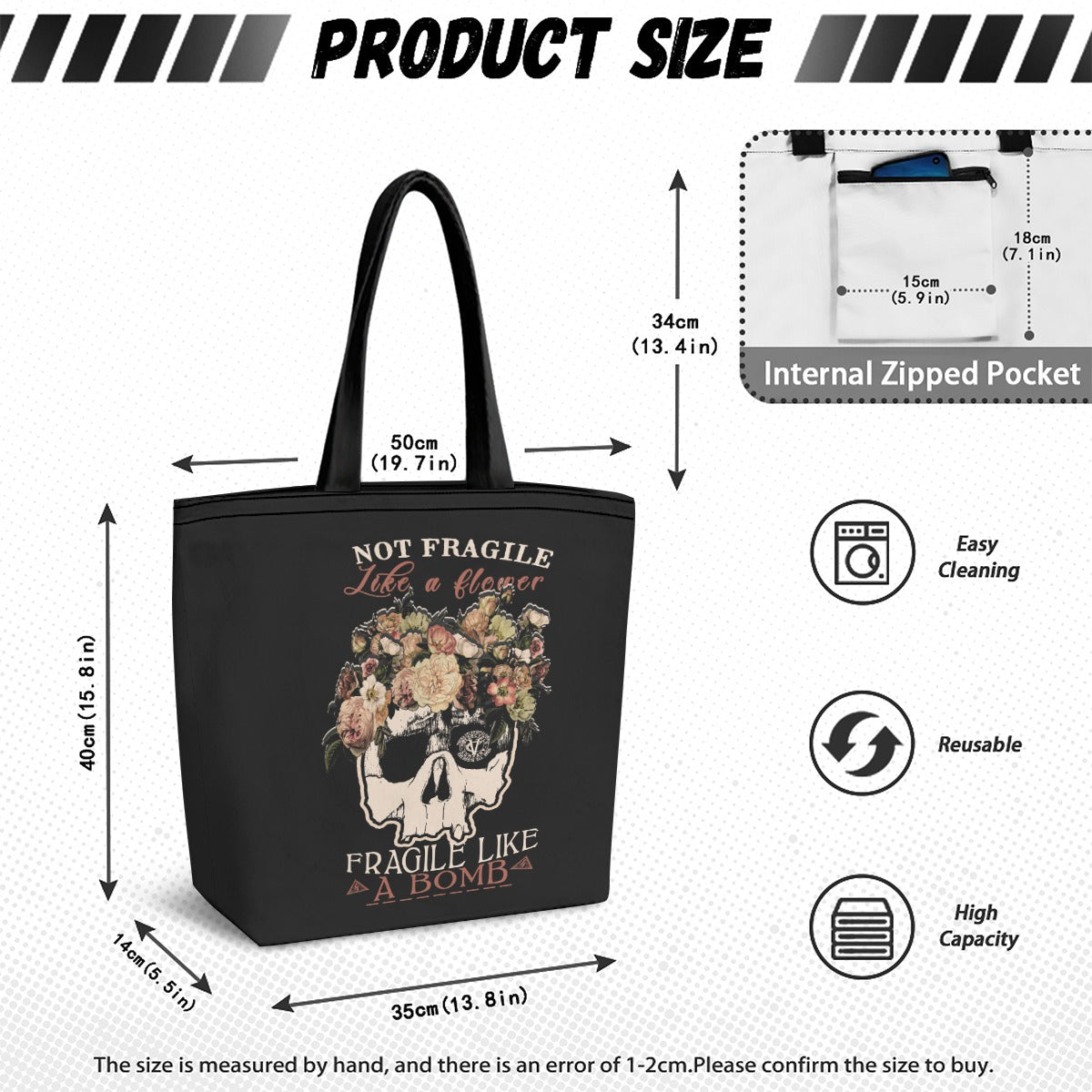 VCMCo. Fragile Like a Bomb canvas tote bag — black canvas with floral skull graphic and "Not Fragile Like a Flower, Fragile Like a Bomb" text in mixed script and block lettering