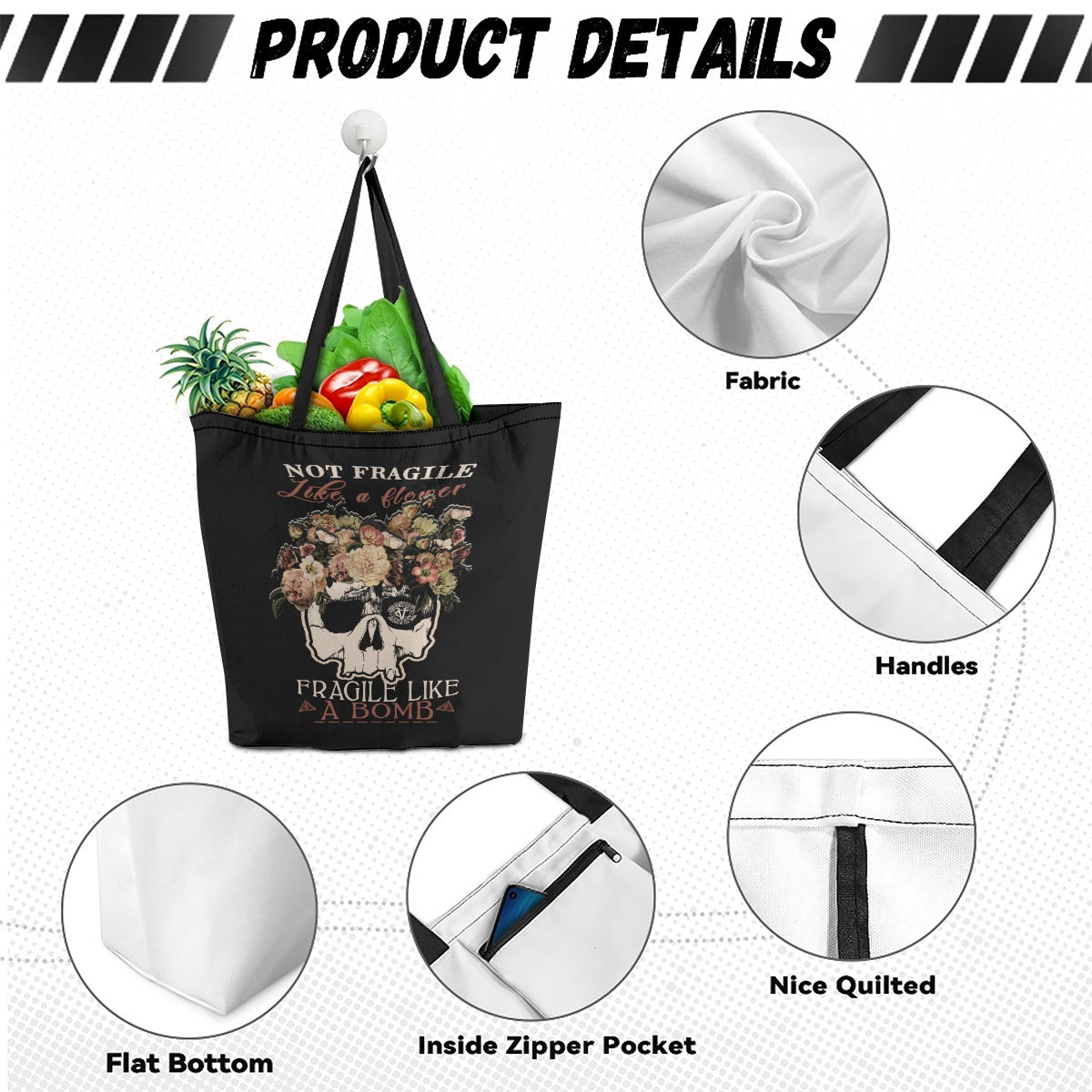 VCMCo. Fragile Like a Bomb canvas tote bag — black canvas with floral skull graphic and "Not Fragile Like a Flower, Fragile Like a Bomb" text in mixed script and block lettering