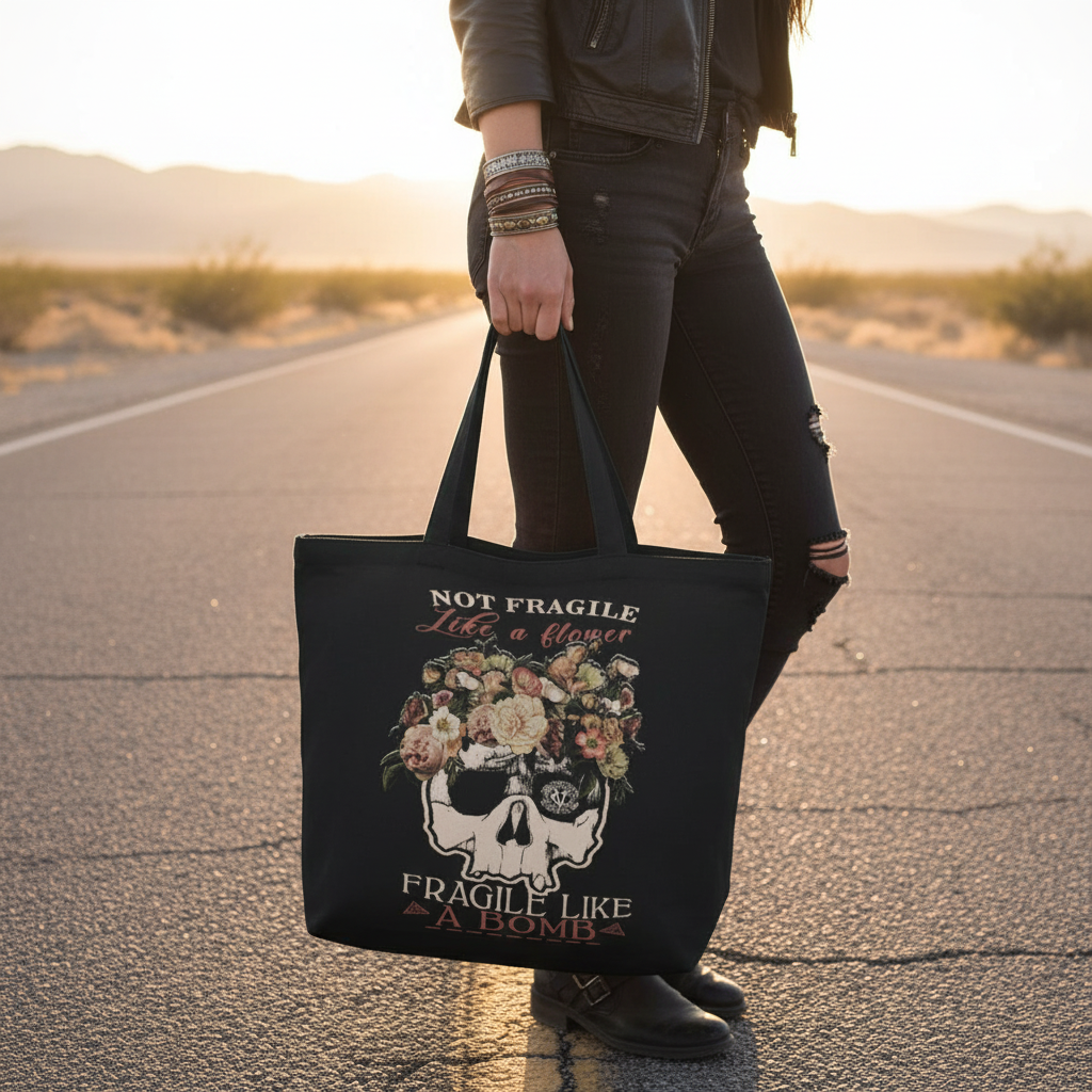 VCMCo. Fragile Like a Bomb canvas tote bag held at hip level on a Nevada desert road at golden hour — close-up lifestyle shot showing floral skull graphic, biker lifestyle apparel
