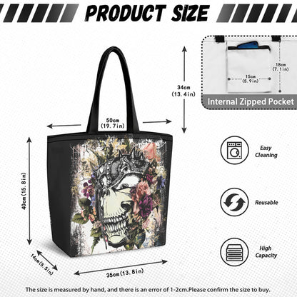 Product size diagram for a black tote bag with a large floral and skull graphic print. The image includes dimension measurements for the bag, an inset showing the internal zipped pocket, and feature icons for easy cleaning, reusable, and high capacity.