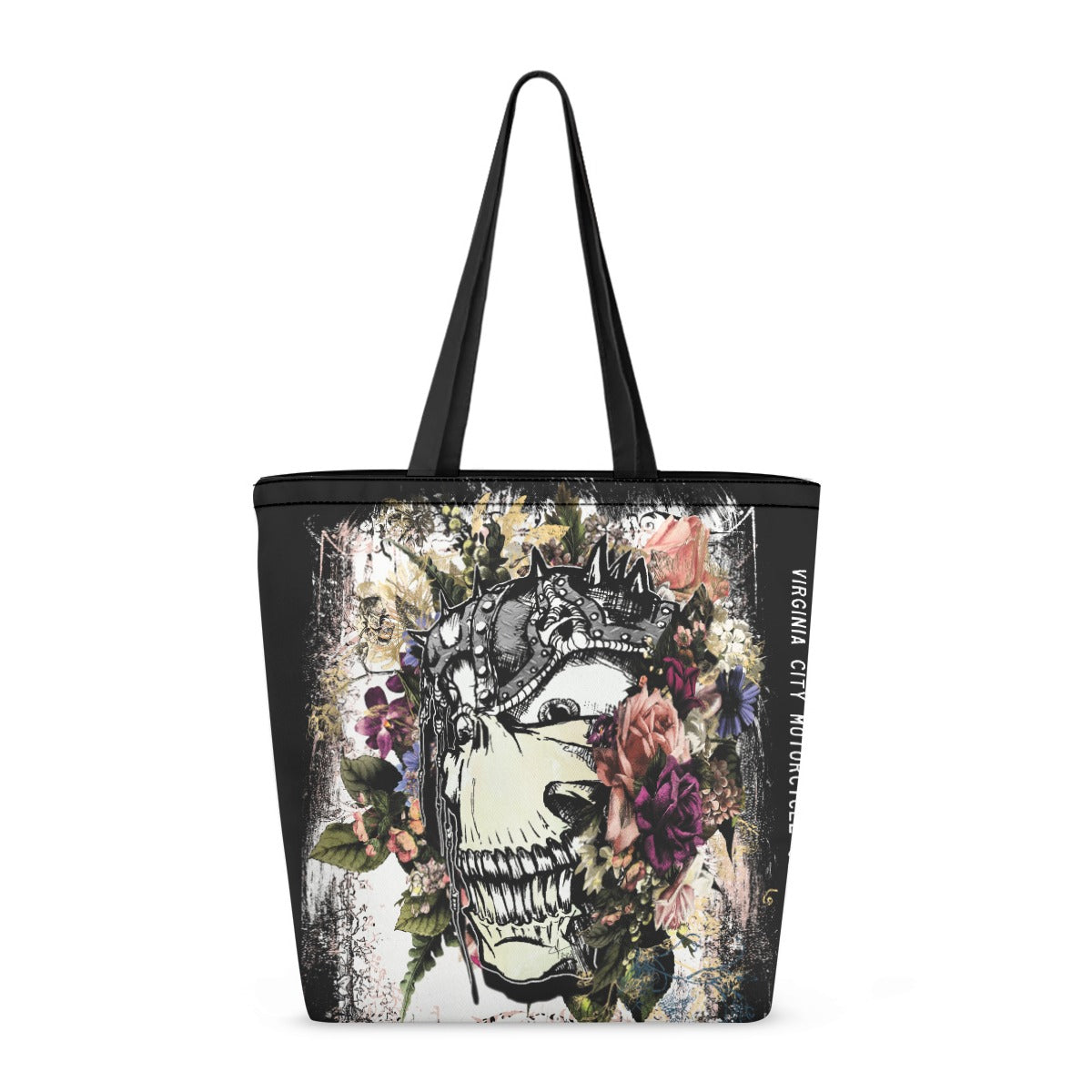 VCMCo. Metal Head and Flowers canvas tote bag — front view - black canvas with dramatic crowned skull and vintage floral graphic in purples, pinks and greens, Virginia City Motorcycle Company design