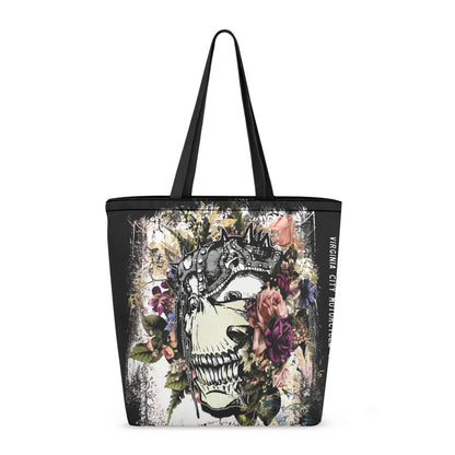 VCMCo. Metal Head and Flowers canvas tote bag — front view - black canvas with dramatic crowned skull and vintage floral graphic in purples, pinks and greens, Virginia City Motorcycle Company design