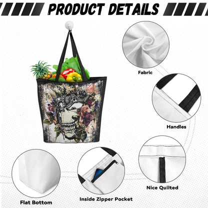 A tote bag with a black and white skull and floral print, shown with groceries inside on a white background with feature callout circles labeled Fabric, Handles, Flat Bottom, Inside Zipper Pocket, and Nice Quilted.