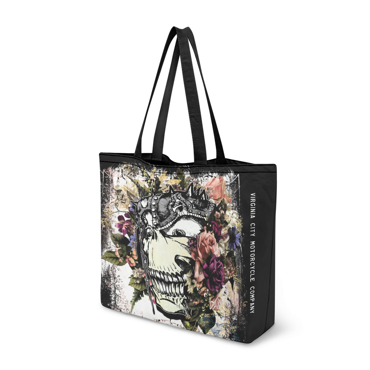 VCMCo. Metal Head and Flowers canvas tote bag - side view — black canvas with dramatic crowned skull and vintage floral graphic in purples, pinks and greens, Virginia City Motorcycle Company design