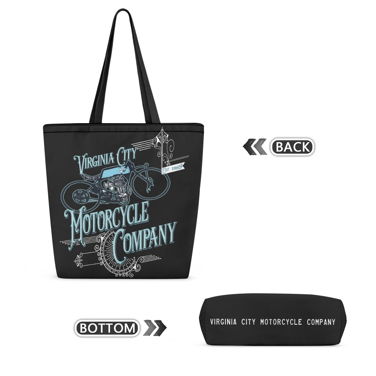 Black tote bag with a blue and white graphic print reading 'Virginia City Motorcycle Company' and a motorcycle illustration, shown on a white background with inset views of the back and bottom panels.