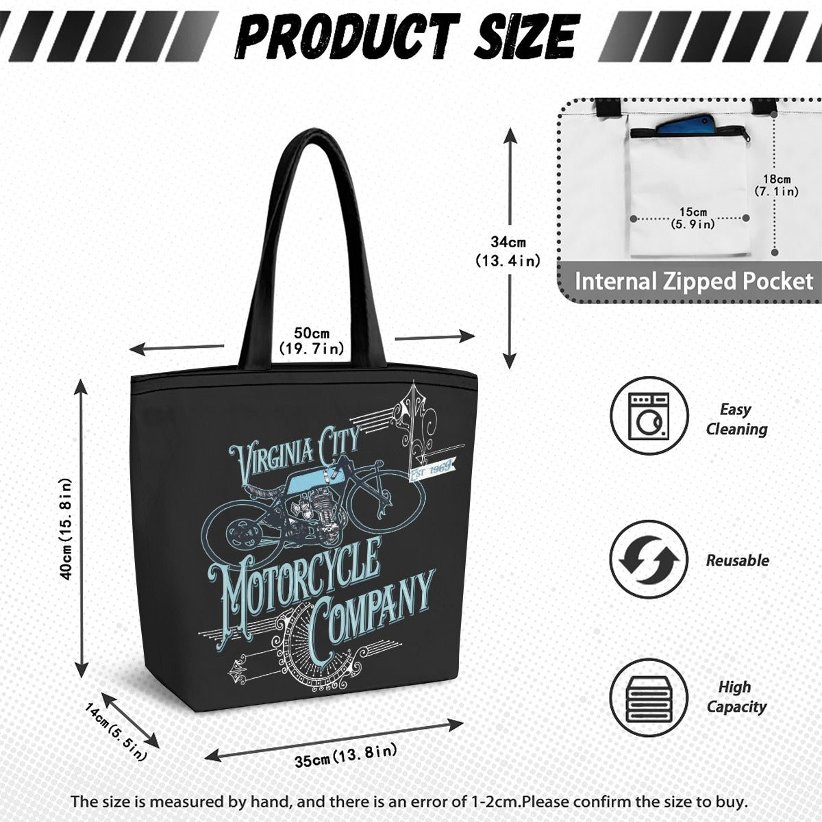 Product size diagram of a black tote bag with a light blue and white 'Virginia City Motorcycle Company' graphic. The image includes dimension measurements for the bag, an inset showing the internal zipped pocket, and feature icons for easy cleaning, reusable, and high capacity.