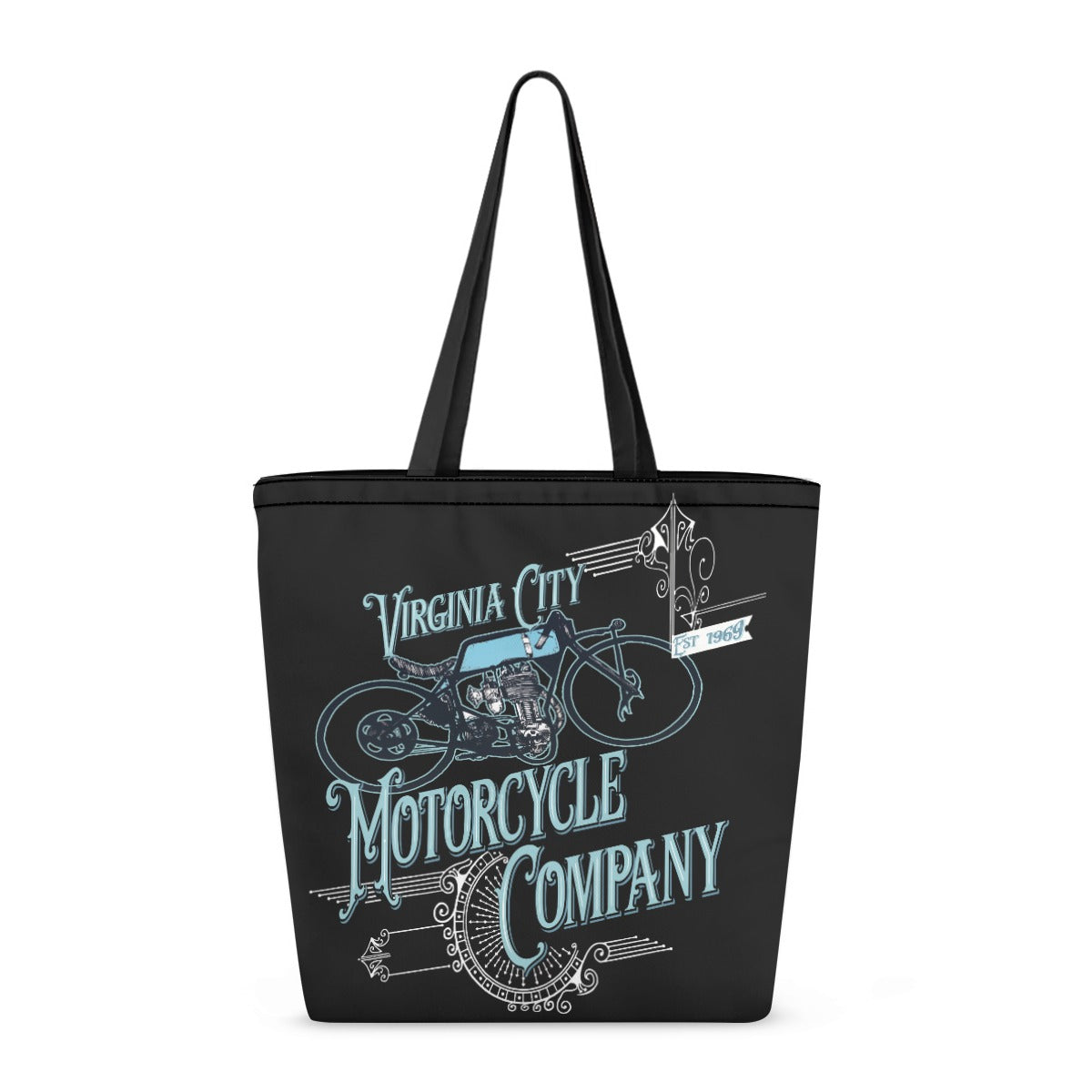 A black canvas tote bag with long shoulder straps, featuring a vintage-style graphic of a motorcycle and the text 'Virginia City Motorcycle Company' in light blue and white on a plain white background.