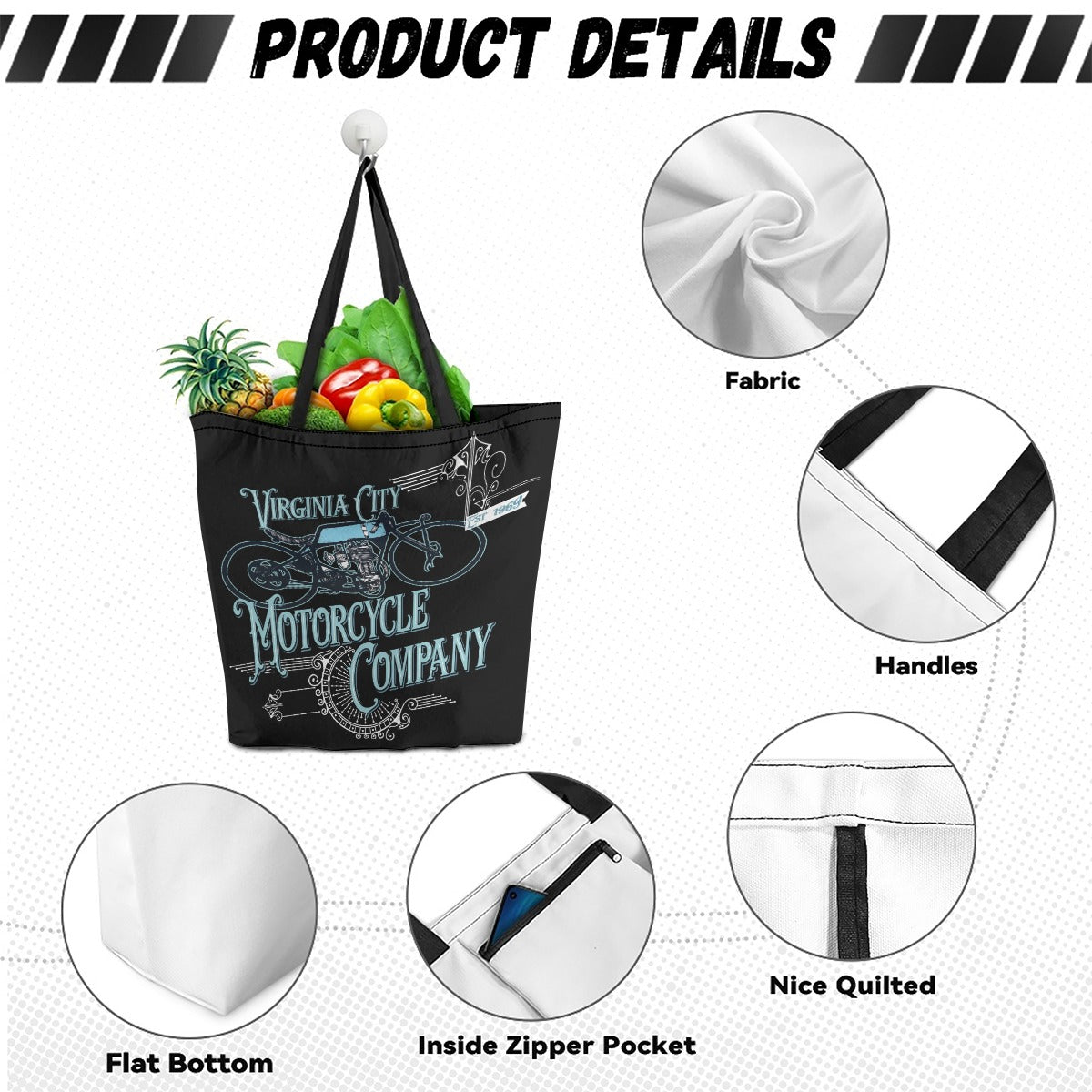 Black canvas tote bag with a white and blue 'Virginia City Motorcycle Company' graphic, shown with groceries inside and surrounded by feature callout circles labeled Fabric, Handles, Flat Bottom, Inside Zipper Pocket, and Nice Quilted. The image has a 'PRODUCT DETAILS' header.