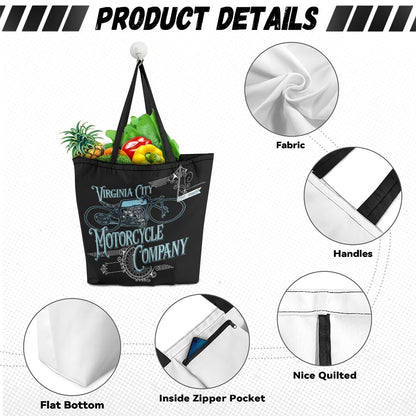 Black canvas tote bag with a white and blue 'Virginia City Motorcycle Company' graphic, shown with groceries inside and surrounded by feature callout circles labeled Fabric, Handles, Flat Bottom, Inside Zipper Pocket, and Nice Quilted. The image has a 'PRODUCT DETAILS' header.