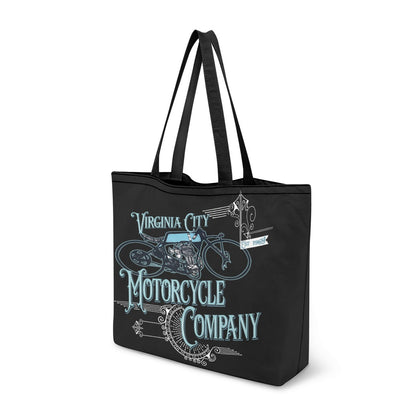 VCMCo. Victorian Bike canvas tote bag — black canvas with ornate teal and silver Victorian-style lettering, vintage board tracker motorcycle graphic and decorative scrollwork, Virginia City Motorcycle Company design