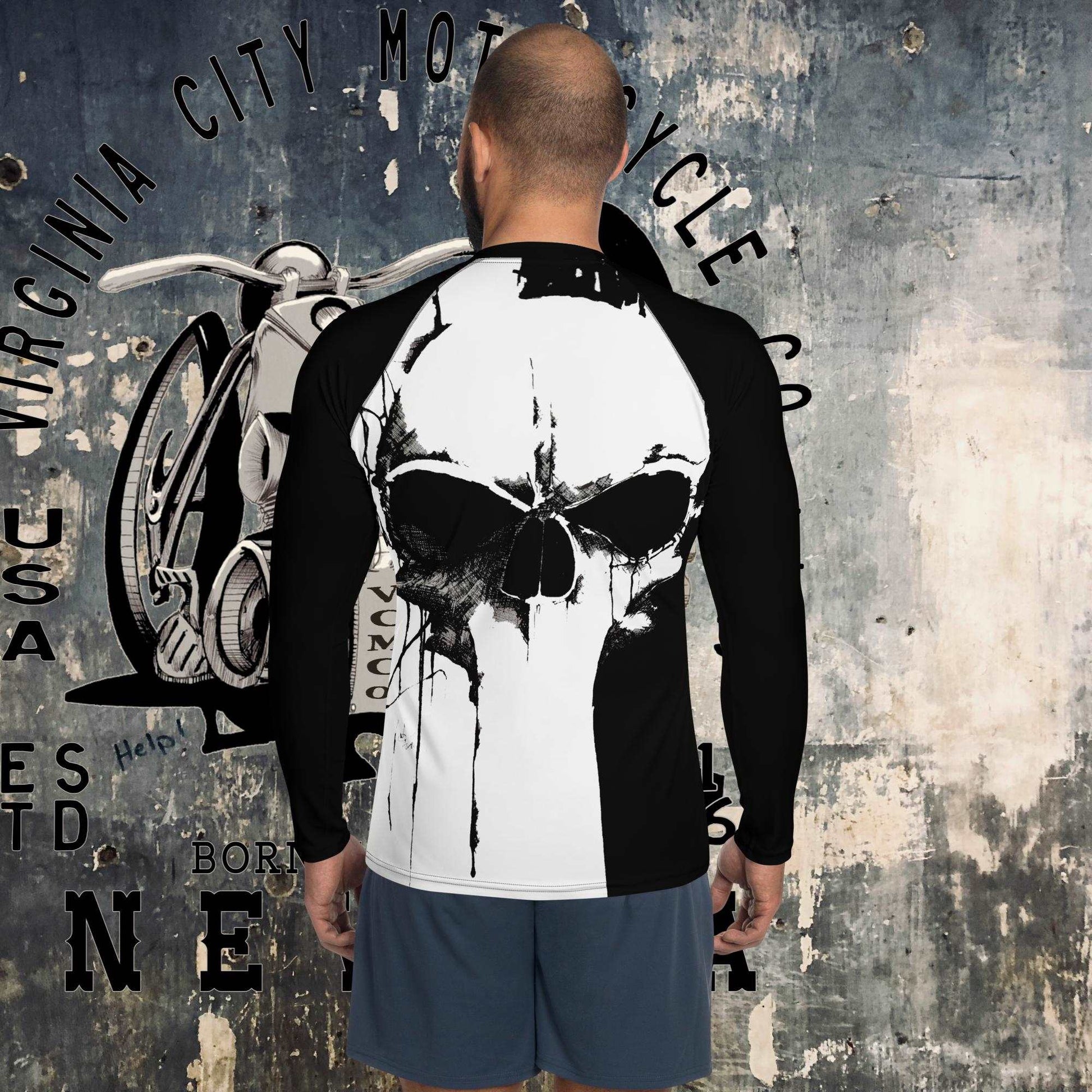 Black and White Skull Long Sleeve Men's Rash Guard Shirt