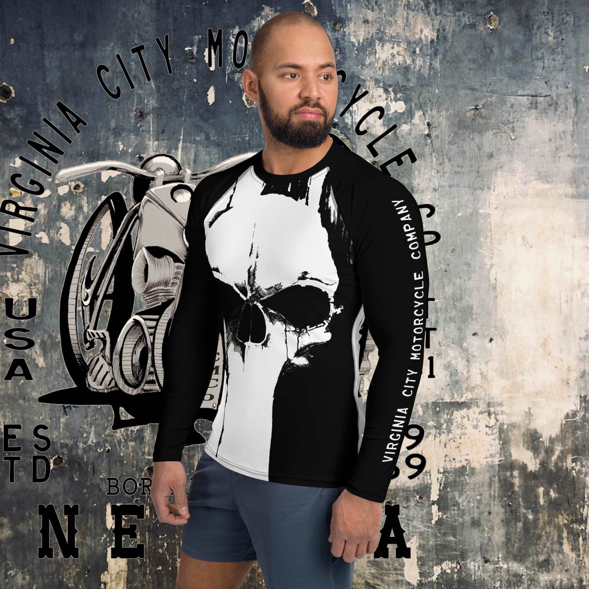 Black and White Skull Long Sleeve Men's Rash Guard Shirt