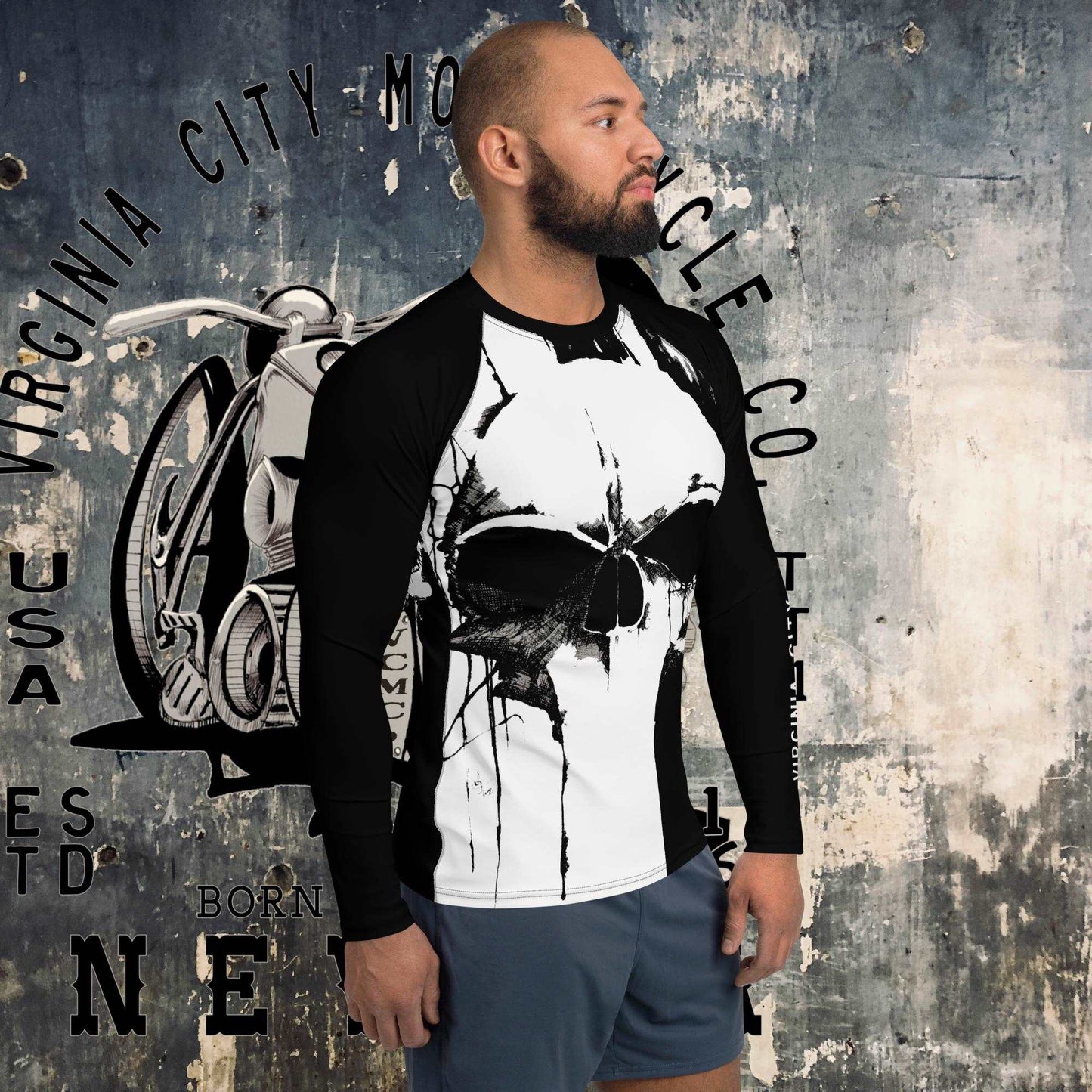 Black and White Skull Long Sleeve Men's Rash Guard Shirt