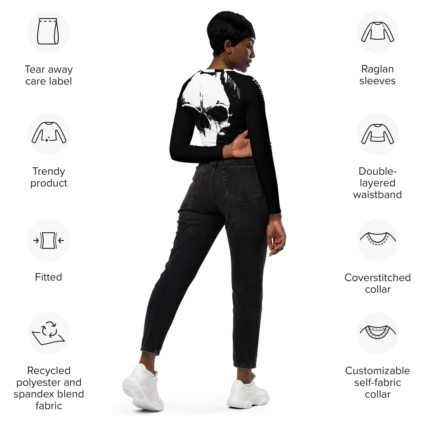 Black and White Skull Recycled long-sleeve crop top