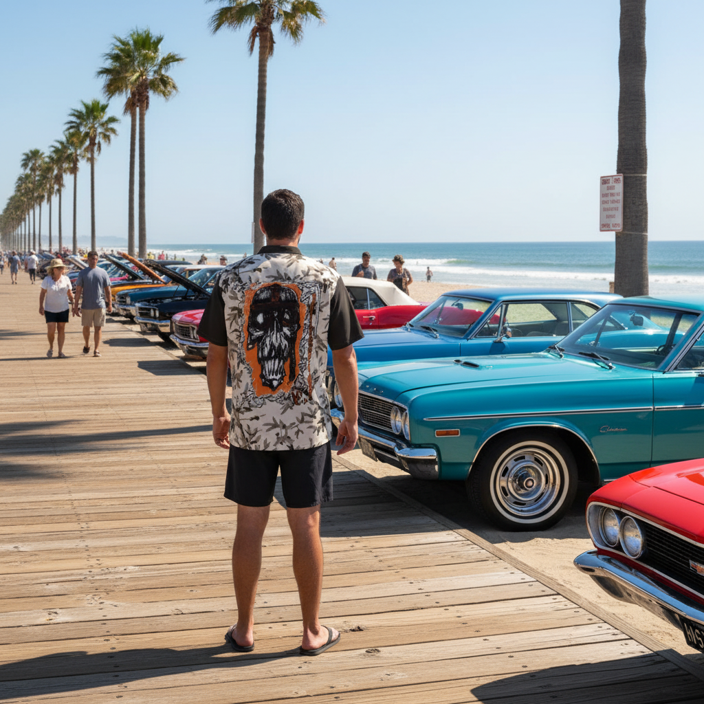 Beach boardwalk lifestyle image showing back of shirt