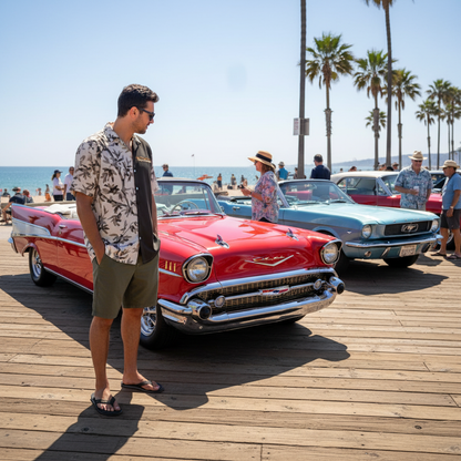 Beach boardwalk lifestyle image with Hawaiian skull shirt