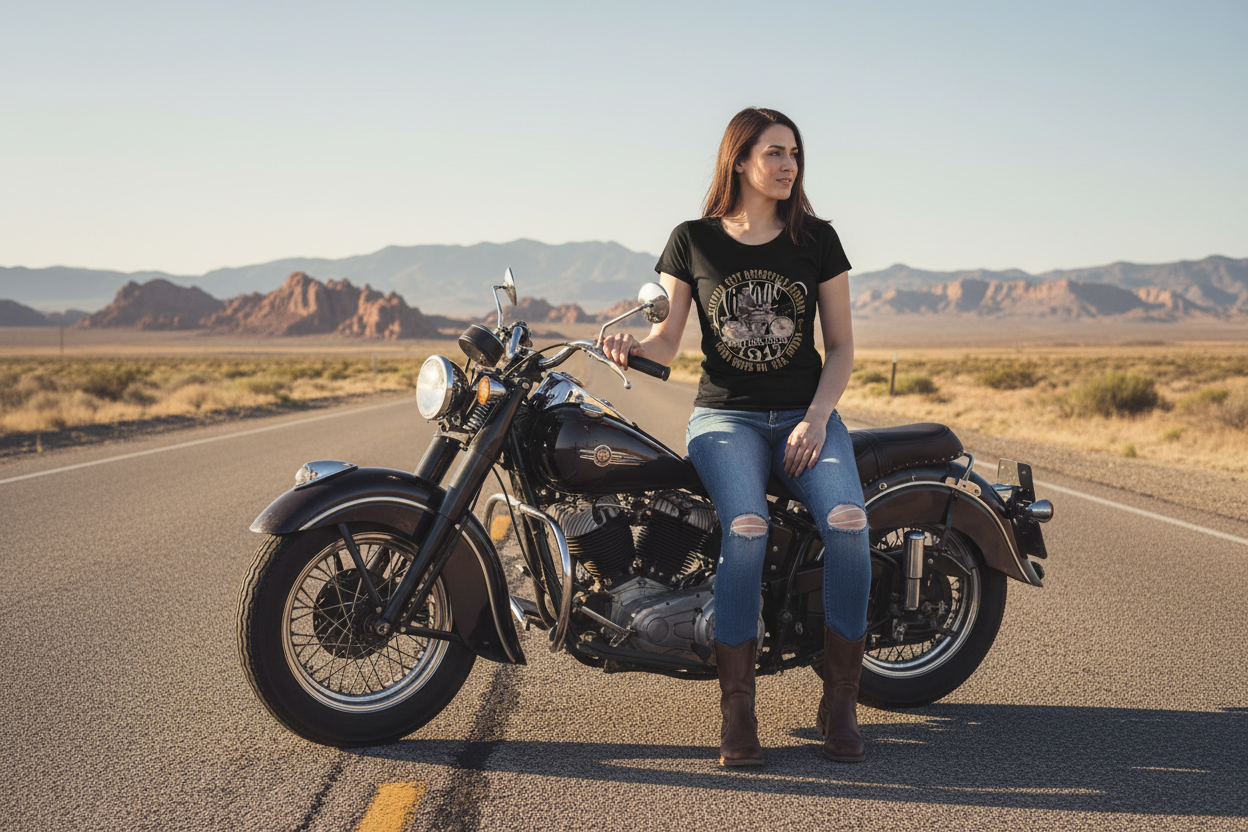 Betsy — 1912 Thor Motorcycle Women's Fitted Tee, woman rider on Nevada desert highway, Virginia City Motorcycle Company vintage biker apparel, VCMCo.