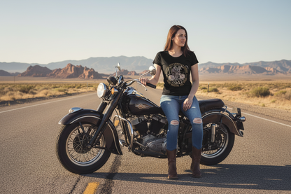 Betsy — 1912 Thor Motorcycle Women's Fitted Tee, woman rider on Nevada desert highway, Virginia City Motorcycle Company vintage biker apparel, VCMCo.