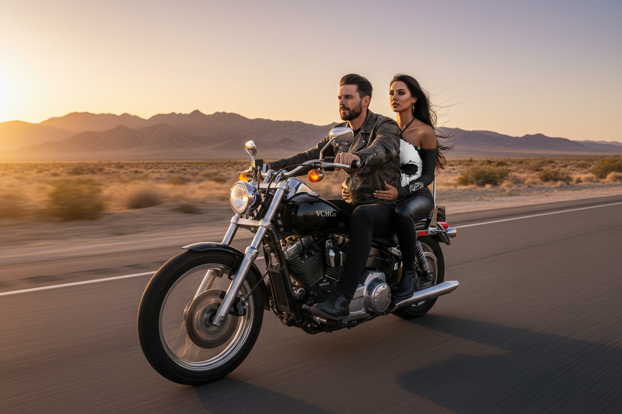 Woman in Black & White Skull Halter Mini Dress with black moto leggings riding on the back of a motorcycle on a Nevada desert highway — women's skull biker apparel by Virginia City Motorcycle Company, VCMCo.